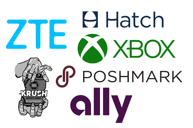 Logos of ZTE, Hatch, Xbox, Poshmark, Krush and Ally