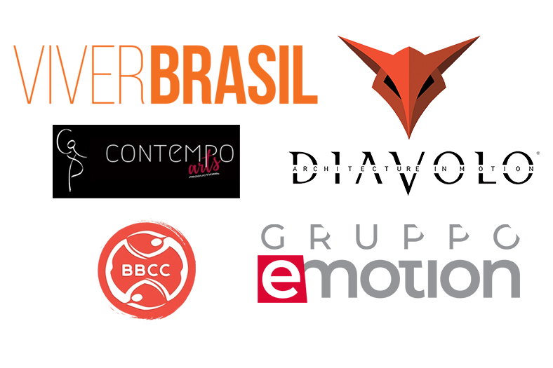 Logos of Viver Brasil, Diavolo, Contempo Arts, Gruppo E-Motion and more dance companies Michela Melone has danced with