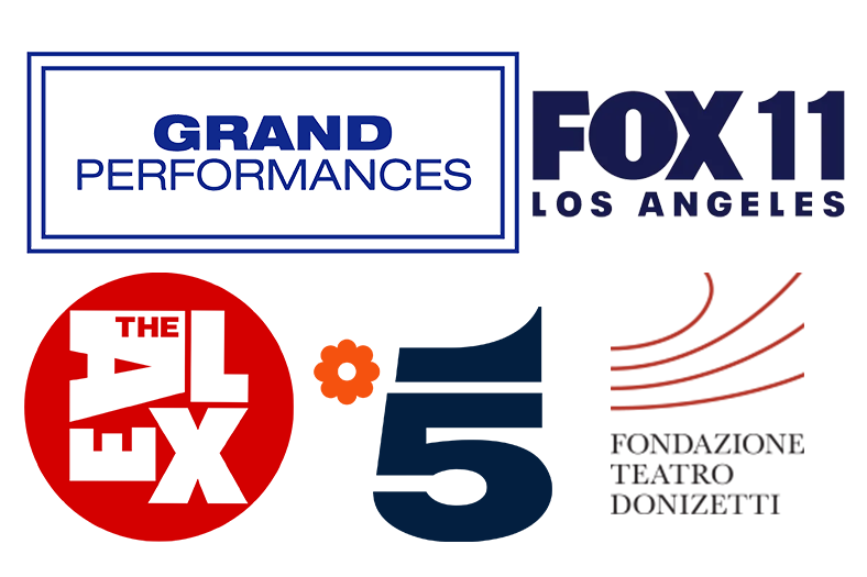 Logos of Grand Performances, FOX 11, The Alex Theatre, Canale 5 and Fondazione Teatro Donizetti