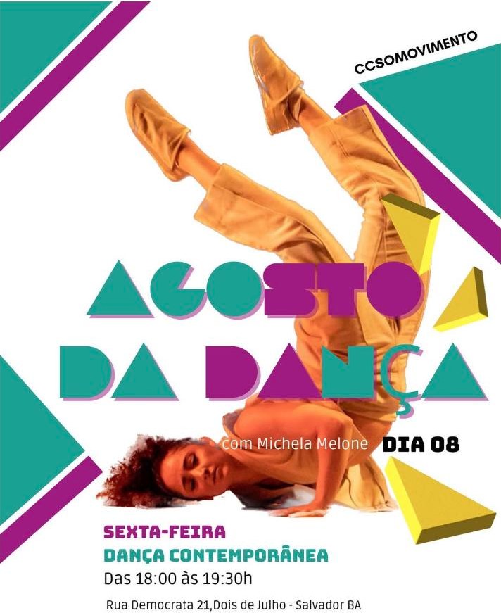 Flyer for Agosto da Dança contemporary class with Michela Melone at Casa Sô Movimento, Salvador