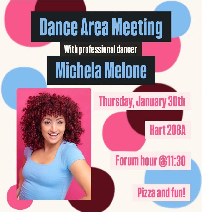 Flyer for the BYU-Idaho Dance Area Meeting with professional dancer Michela Melone