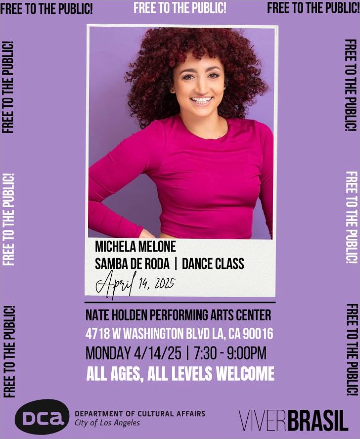 Flyer for Michela Melone samba de roda community class at the Nate Holden Performing Arts Center